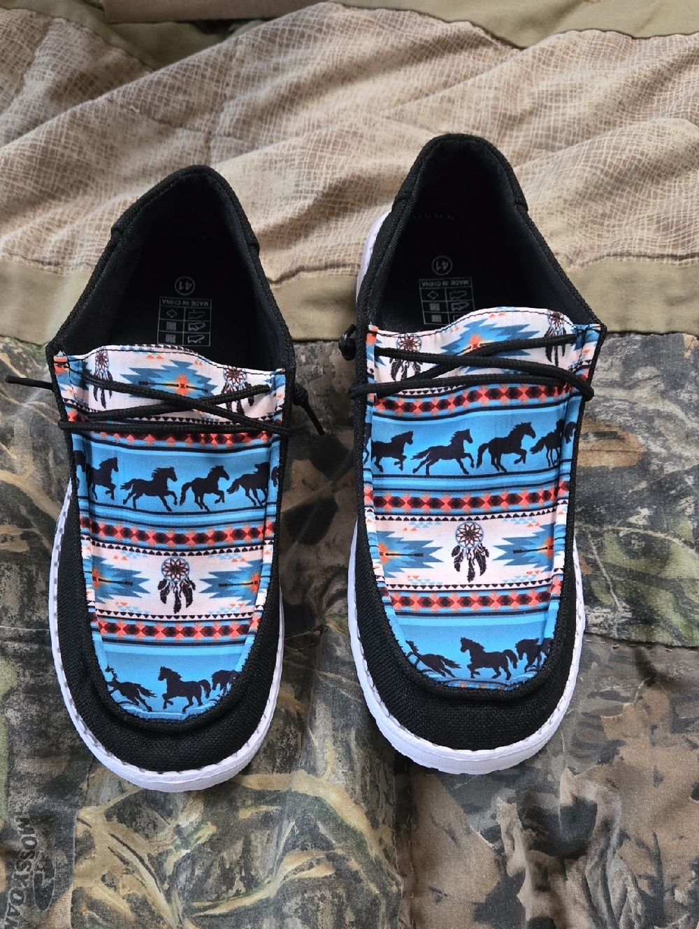 Womens Blue Aztec Horse Print Slip-On Shoes